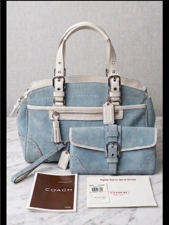 Coach Handbags - Coach Hamptons Satchel/Wristlet Set, Baby Blue Suede, White Leather Trim VINTAGE
